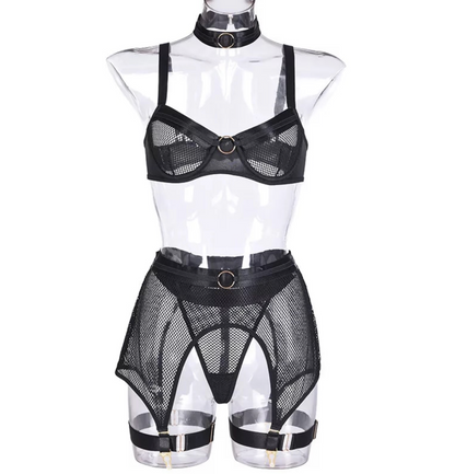 This beautifully classic cut set consists of an adjustable Bra, Choker, G-String, Garter Belt & Garters. Gold ring detailing against a comfortable stretch mesh, Sweet or Seductive, whichever you choose there is a Color to compliment your mood. Lingerie Set 5 Piece, Womens Lingerie Australia, Sexy Lingerie Afterpay shop