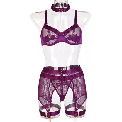 This beautifully classic cut set consists of an adjustable Bra, Choker, G-String, Garter Belt & Garters. Gold ring detailing against a comfortable stretch mesh, Sweet or Seductive, whichever you choose there is a Color to compliment your mood. Lingerie Set 5 Piece, Womens Lingerie Australia, Sexy Lingerie Afterpay shop