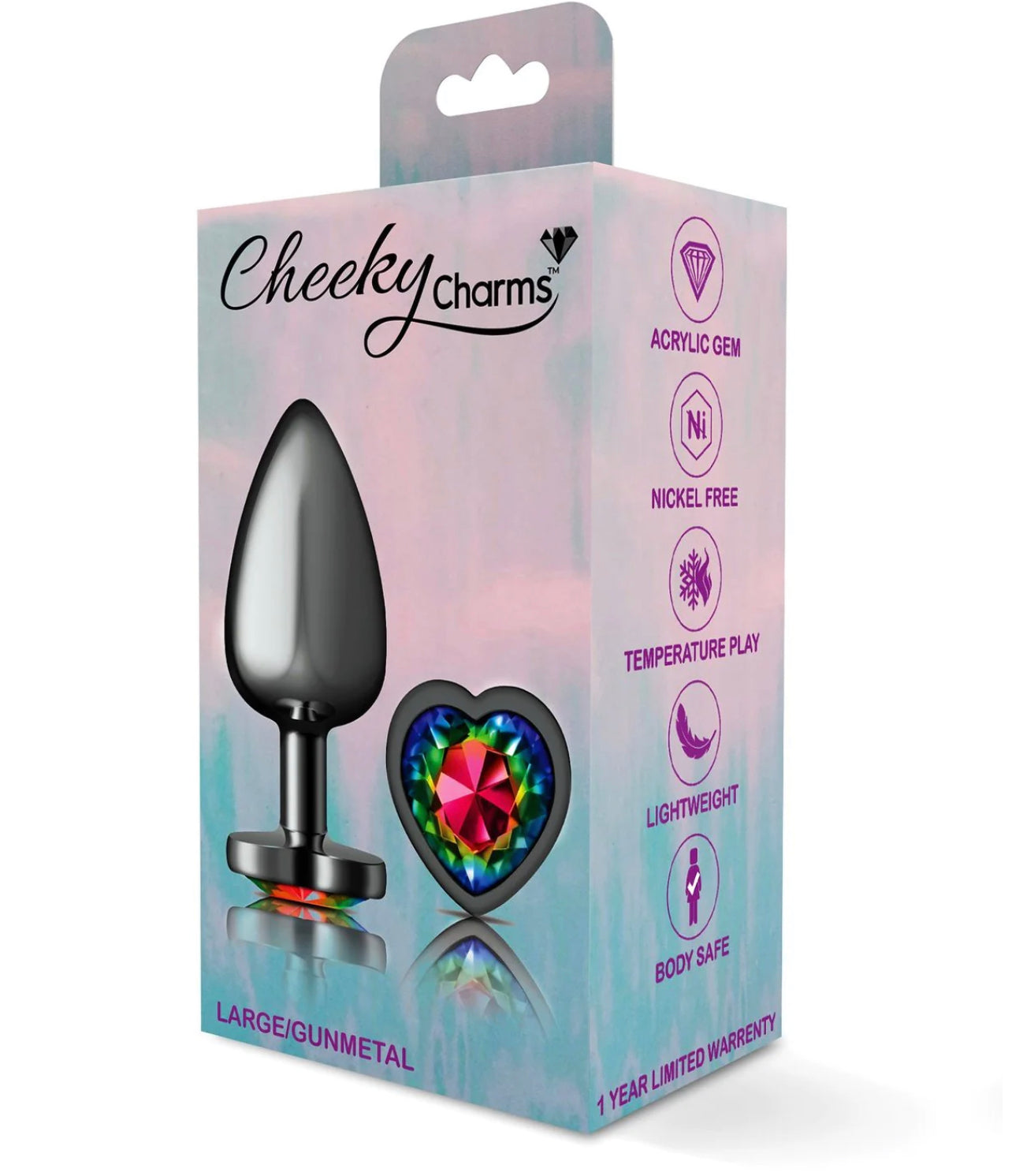 Cheeky Charms | Gunmetal Butt Plug with Heart Rainbow Jewel S/M/L