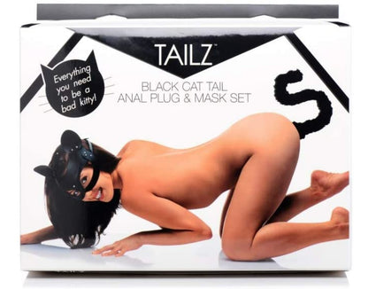 Tailz | Black Cat Rhinestone Studded Mask & Furry Tail Plug Set