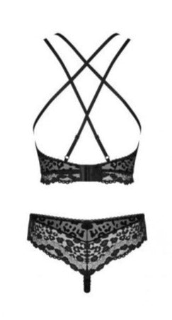 Obsessive | Giully 2 Piece Lingerie Set Black Duchess and Daisy Australia Oh so perfect! Feel like the seductive Temptress you are in absolute comfort! With elastic adjustable straps that Criss Cross at the back.&nbsp;A unique original animal print pattern with sexy Velvet Leopard spots created&nbsp;on a&nbsp;soft