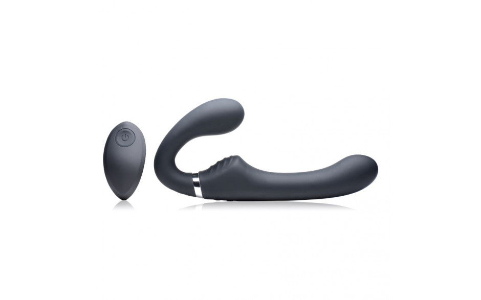 Mighty Rider 10X Strapless Strap-On Dildo Black w Remote $139.95AUD Free Shipping Duchess and Daisy. Equip yourself with this velvety, double ended strapless strap-on! Insert the vaginal bulb and hold up the Mighty Riders phallic shaft without a harness so you can peg and penetrate in complete freedom. Featuring powerful vibration, a waterproof build, and a wireless remote controller for the ultimate hassle free strap on experience! 