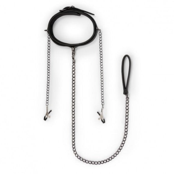 SHOP EASYTOYS Fetish Collection | Collar With Nipple Chains With this collar with nipple clamps you can dominate your partner and enjoy the feeling of control! The collar is made of faux leather, which gives it a luxurious look. It is adjustable, so it will surely fit. The collar and the clamps are connected by metal chains. W
