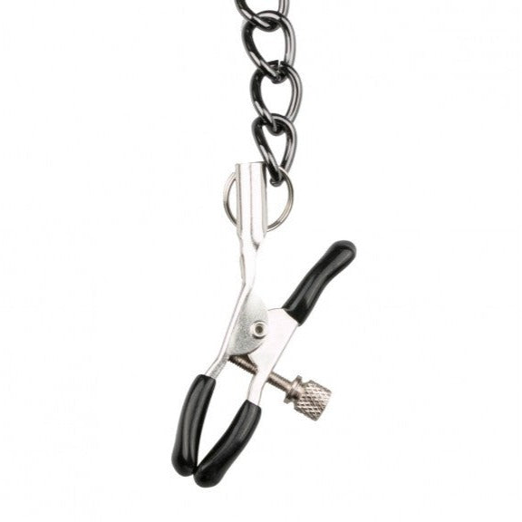 SHOP EASYTOYS Fetish Collection | Collar With Nipple Chains With this collar with nipple clamps you can dominate your partner and enjoy the feeling of control! The collar is made of faux leather, which gives it a luxurious look. It is adjustable, so it will surely fit. The collar and the clamps are connected by metal chains. W