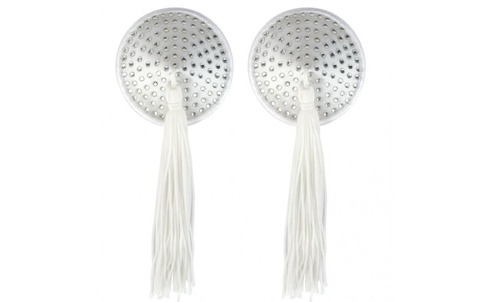 Peekaboo Pasties White Satin w White Stone and Tassel Pastie Australia Duchess and DaisyPure and Glamorous Jewel adorned White Silk Satin Pasties with a elegant soft Tassel's. This pair of Gorgeous Pasties are pre applied with quality adhesive for convenience, your welcome and an 8+ hour wear time after which you can simply re-use on your next adventure!   Details Sequin Nipple Pasties Black Soft Silky 
