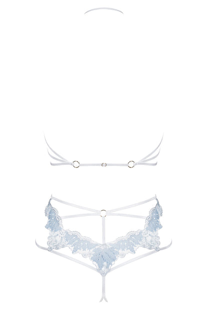 Details If you Dream about Lingerie that is 100% Charming and Sexy, You have found the right Set! The Soft Blue Bra is made of Sweet, Soft Lace with Gorgeous Shiny Bow Adornments Paired with a Beautifully shaded Blue G-String with Silver Rings and Strappy Details.    Features: - Adjustable Neck Straps - Elastic Straps on sides - Open Cups  - Floral Lace  - Decorated with Gorgeous Bow Pendants with Shiny Gems - Strappy Detailing  - Light Blue  - Soft, Strong Lace with Great Elasticity