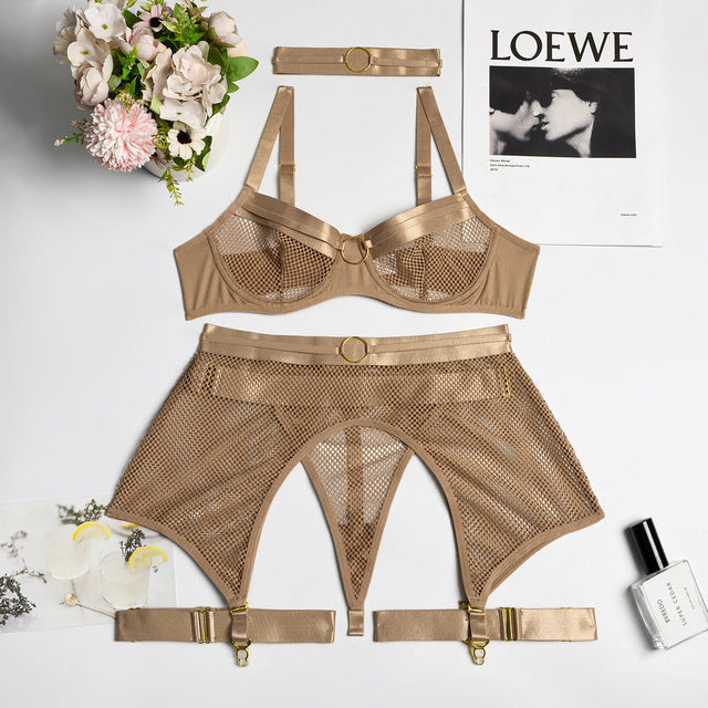 This beautifully classic cut set consists of an adjustable Bra, Choker, G-String, Garter Belt & Garters. Gold ring detailing against a comfortable stretch mesh, Sweet or Seductive, whichever you choose there is a Color to compliment your mood. Lingerie Set 5 Piece, Womens Lingerie Australia, Sexy Lingerie Afterpay shop