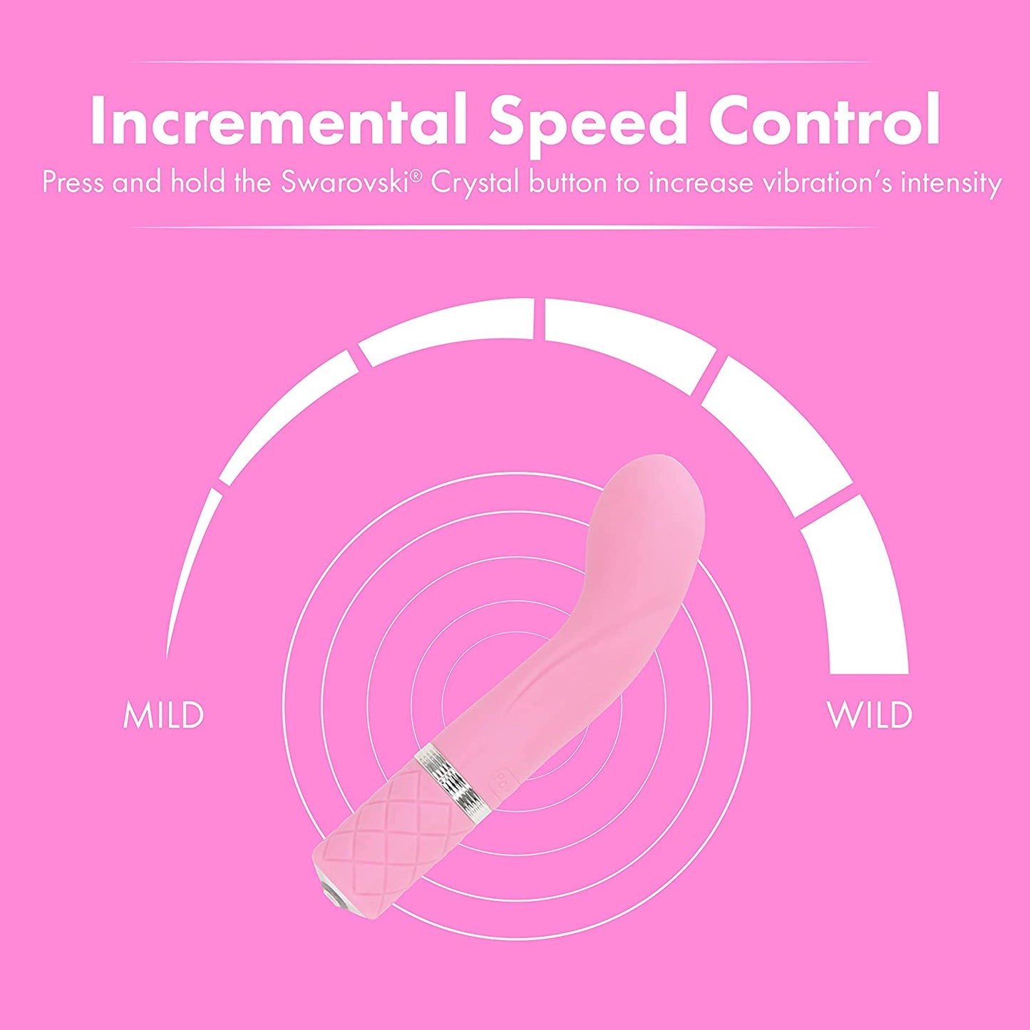 Racy by Pillow Talk offers unbelievable vibrations for external pleasure or G-spot stimulation. This mini vibrator is rechargeable and is conveniently compact for travel. With a quilted texture handle, silky finish and a dazzling Swarovski® crystal button, this flexible vibrator combines luxury and power in one. 