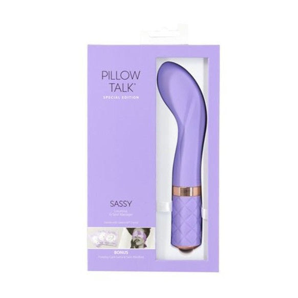 Pillow Talk Special Edition Sassy | G Spot Massager $84.95AUD Vibrator Swarvoski The luxurious G-Spot massager from Pillow Talk is getting a makeover with a beautiful lilac hue and rose gold accenting. Added bonuses to the popular toy now include a fun foreplay card game as well as a silky satin blindfold for enhanced play possibilities.Pillow Talk is a collection that expresses beauty, fun and power with Sassy. 