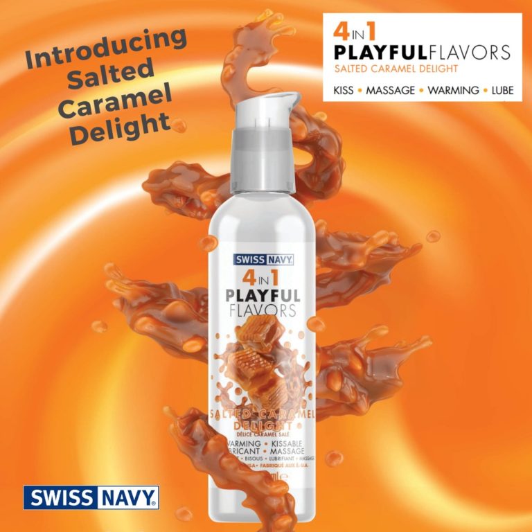 Swiss Navy Lubricant Playful Flavours 4 In 1 Salted Caramel Delight 4oz $24.95AUD Duchess and Daisy. 4-in-1 Playful Flavors promise playful pleasure in all its forms!  Salted Caramel Delight surprises your senses with a tempting blend of sweet and salty. Apply liberally to indulge in a decadent salted caramel experience. 