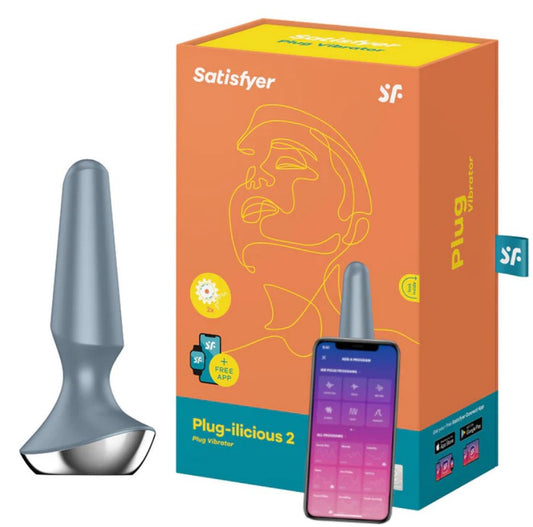 Satisfyer Plug-ilicious 2 Ice Blue Anal Plug | With Connect App $89.95AUD Duchess and Daisy Australia. Thanks to its conical shape and rounded tip, the Plug-ilicious 2 hits the P-point precisely, stimulating it with vibrations from 2 motors. The wonderful design is rounded off with a wide base, soft silicone material and app control. Satisfyer Plug-ilicious 2: Vibrating butt plug for men and women Enjoy sensual ecstasy with the Satisfyer Plug-ilicious 2! 