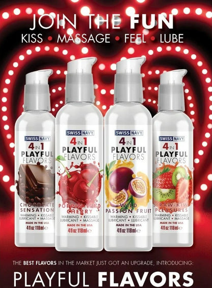 Swiss Navy Lubricant Playful Flavours 4 In 1 Wild Passion Fruit 4oz $24.95AUD Duchess and Daisy. 4-in-1 Playful Flavors promise playful pleasure in all its forms!  Wild Passion Fruit delivers the exotic, sweet flavor and tangy scent of fresh passion fruit to arouse your senses—and your taste buds! Apply liberally to enjoy a flavorful passion fruit experience.