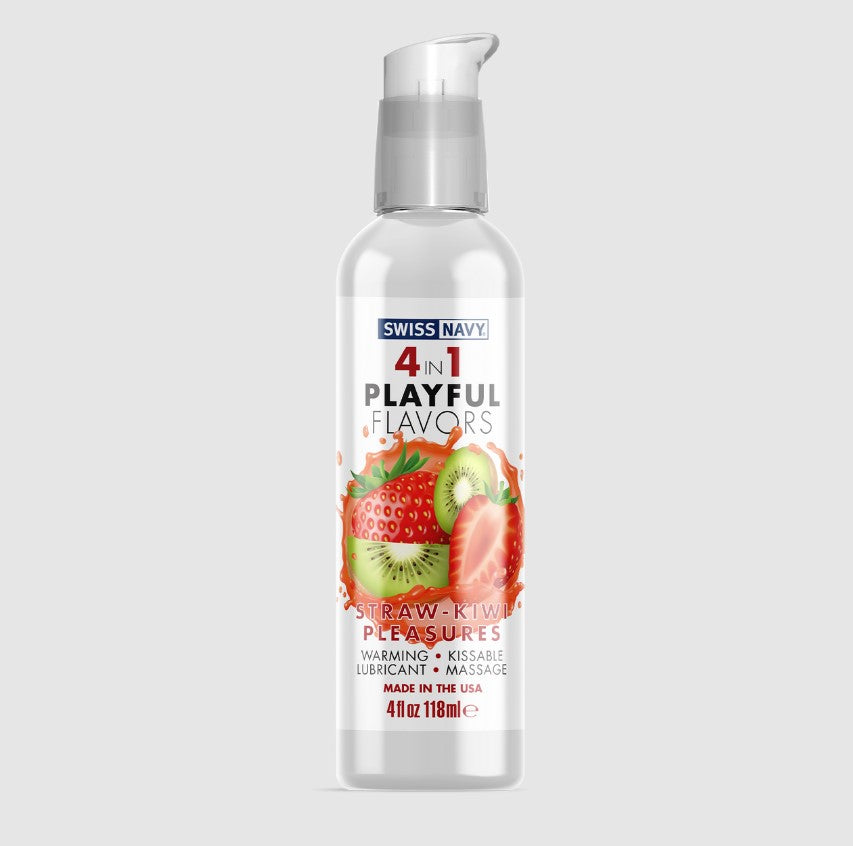 Swiss Navy Lubricant Playful Flavours 4 In 1 Strawberry/Kiwi Pleasure 4oz $24.95AUD Duchess and Daisy. 4-in-1 Playful Flavors promise playful pleasure in all its forms! Straw-Kiwi Pleasures delivers the sweet flavors and fresh scent of juicy strawberry and lush kiwi fruit to stimulate your senses—and your taste buds! Apply liberally to enjoy a flavorful strawberry and kiwi experience.