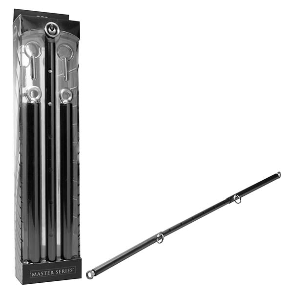 Keep your plaything in place and spread them wide with this darkly sexy spreader bar. Made of durable steel, the bar adjusts between 23 and 35 inches. This black bar has eyebolts securely attached to each end. Wrist and ankle cuffs can be attached to the bar as you desire, making it not only a vital accessory to your bondage play, but a warm welcome to any devious collection.