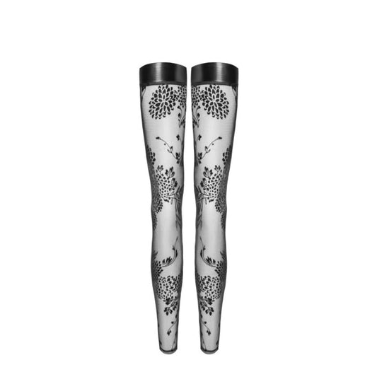 Noir | Tulle Stockings w Patterned Flock Embroidery & Power Wetlook Band