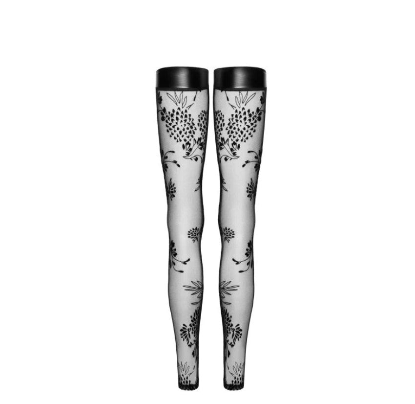 Noir | Tulle Stockings w Patterned Flock Embroidery & Power Wetlook Band