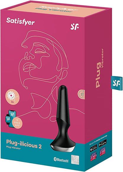 Satisfyer Plug-ilicious 2 Black Anal Plug | With Connect App $89.95AUD Duchess and Daisy Australia. Thanks to its conical shape and rounded tip, the Plug-ilicious 2 hits the P-point precisely, stimulating it with vibrations from 2 motors. The wonderful design is rounded off with a wide base, soft silicone material and app control. Satisfyer Plug-ilicious 2: Vibrating butt plug for men and women Enjoy sensual ecstasy with the Satisfyer Plug-ilicious 2! 