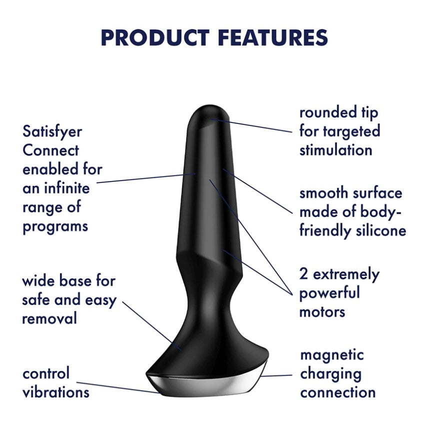 Satisfyer Plug-ilicious 2 Black Anal Plug | With Connect App $89.95AUD Duchess and Daisy Australia. Thanks to its conical shape and rounded tip, the Plug-ilicious 2 hits the P-point precisely, stimulating it with vibrations from 2 motors. The wonderful design is rounded off with a wide base, soft silicone material and app control. Satisfyer Plug-ilicious 2: Vibrating butt plug for men and women Enjoy sensual ecstasy with the Satisfyer Plug-ilicious 2! 