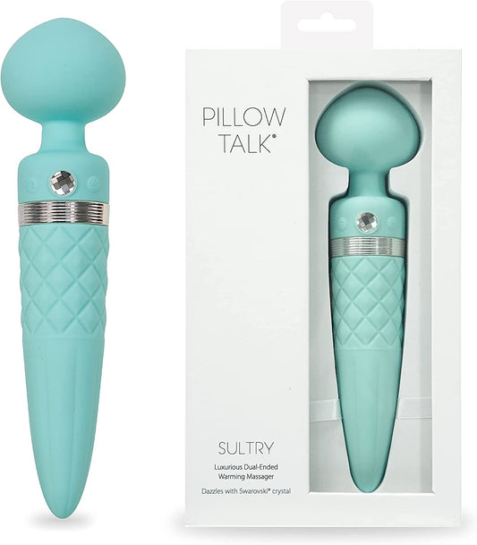 SHOP Pillow Talk Sultry Dual Ended Warming Heated Vibrator Massager | Teal $121.99AUD FREE SHIPPING Australia. Sultry by Pillow Talk has a smooth rounded head and provides powerful vibrations. It has a tapered insertable handle that rotates 360 degrees for incredible G-spot stimulation. The rotating shaft of Sultry also offers a premium warming feature for added comfort and realism. 
