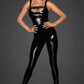 F249 PVC overall with 2-way zipper This alluring PVC overall has a 2-way zipper in a crotch and low-cut back. This look wouldn't be complete without the frilled chest strap which draws eyes to just the right places. Duchess and Daisy, Womens sexy catsuit, bodysuit, noir inspired fetish wear, costume ladies. Afterpay Available. Noir Handmade PVC Overall w 2 Way Zipper Bodysuit Sexy Womens Catsuit
