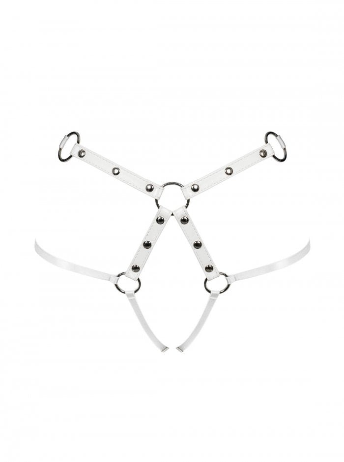 White Eco Leather with a gorgeous gloss, the perfect cut and Angelic Silver Hardware. With adjustable straps for comfort, you must try this sensual Harness. Also available separately White Eco Leather Harness Bra. 