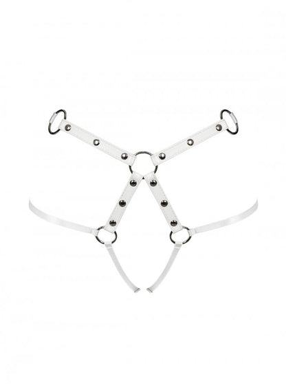 White Eco Leather with a gorgeous gloss, the perfect cut and Angelic Silver Hardware. With adjustable straps for comfort, you must try this sensual Harness. Also available separately White Eco Leather Harness Bra. 