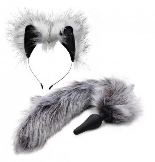 This flirtatious set of ears and a tail plug are ultra soft and the fluffy faux fur is so irresistible that your lover will not be able to keep their hands off of you. The tapered plug is smooth and narrow for an easy and comfortable insertion. Grey Wolf Ears and Tail Plug furries Australia Anal Plug Tail Kink Fetish BDSM Animal cosplay